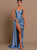 Prom Dresses Mermaid Formal Party Dresses V Neck Long Satin Ball Gown