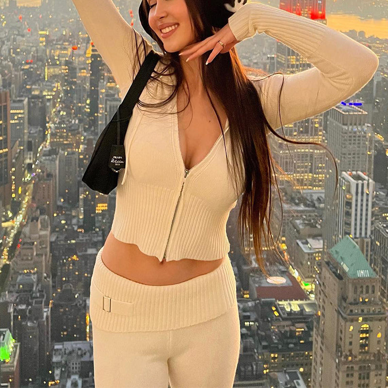 Women Zip Hoodie Tracksuit Set – Long Sleeve Crop Sweater & High Waist Pants Two Piece Outfit