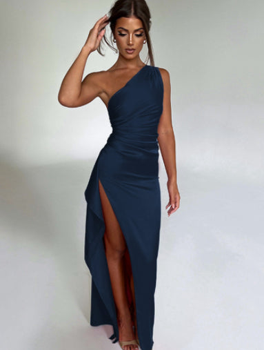 One Shoulder Satin Slit Evening Dress – Elegant Backless Party Dress