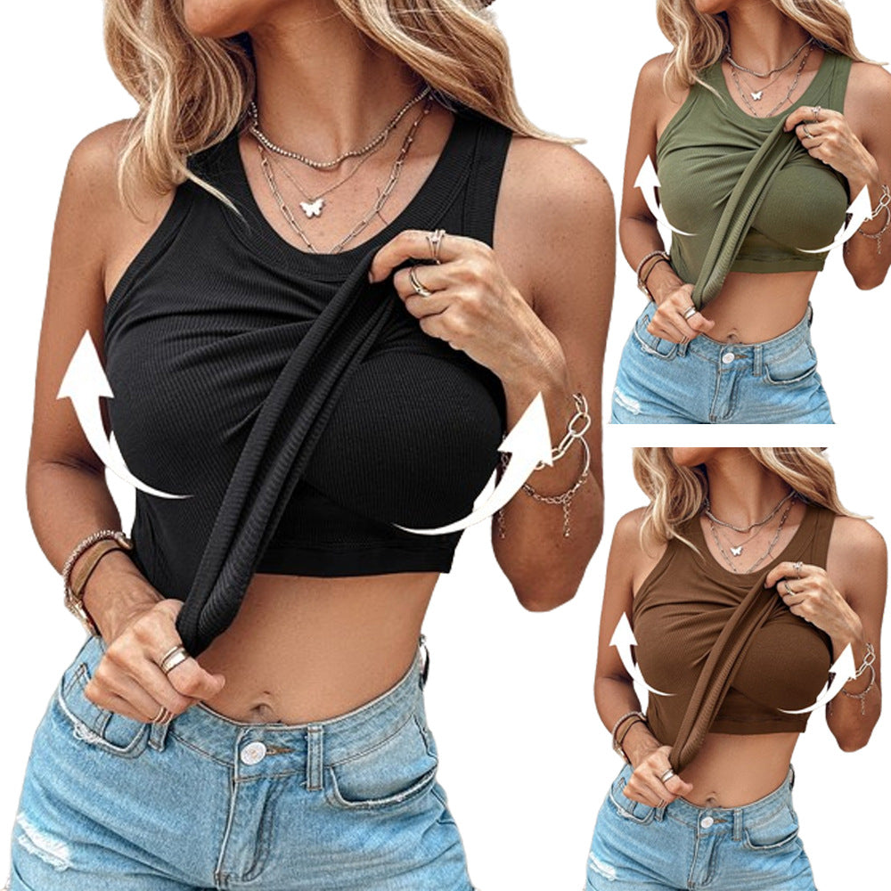 Ins Round Neck Vest With Bra Summer Solid Color Bottom Sleeveless Top Womens Clothing