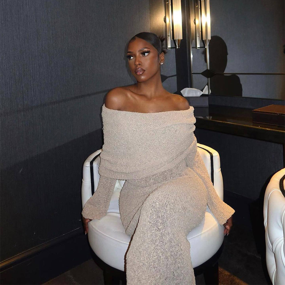 Elegant One Shoulder Long Sleeve Maxi Dress