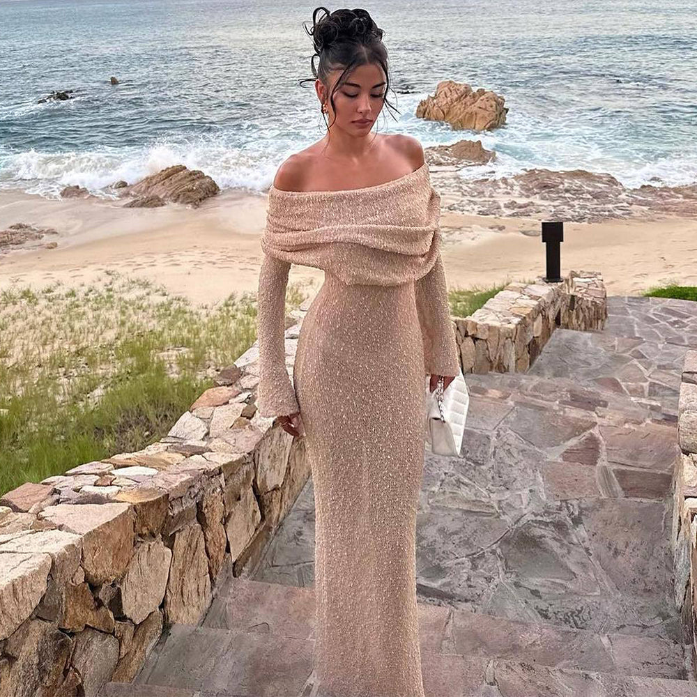 Elegant One Shoulder Long Sleeve Maxi Dress