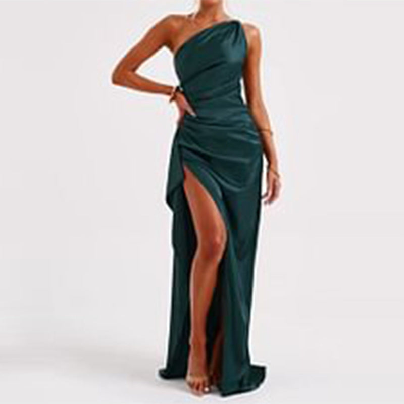 One Shoulder Satin Slit Evening Dress – Elegant Backless Party Dress