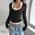 Women's Colorblock All-matching Fake Two-piece Suspender Long-sleeved T-shirt